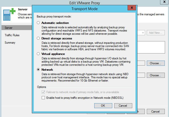 Veeam - Set the target proxy mode to Network.